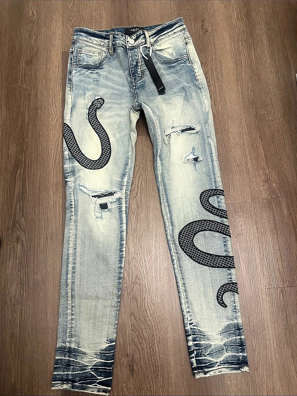AMIRI Snake Appliqué Skinny Jeans Men's Blue NWT